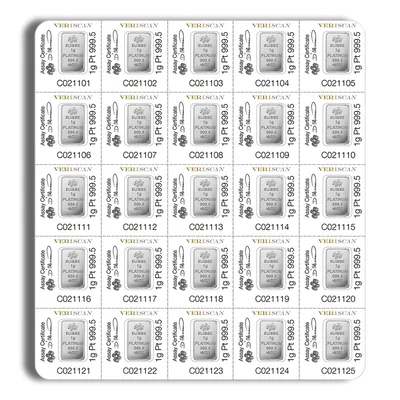 25 x 1 gram Platinum Bar - PAMP Multigram (Carded) — reverse view