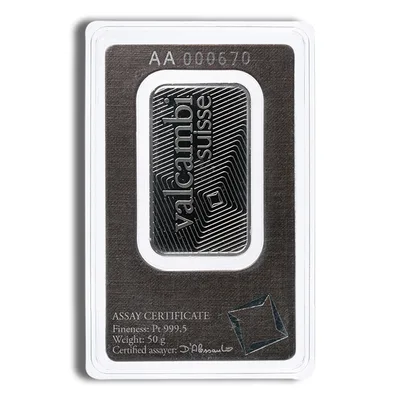 50 gram Platinum Bar - Valcambi (Carded) — reverse view
