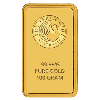 100 gram Gold Bar - Perth Mint (Carded) — detail view