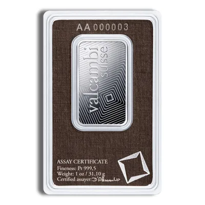 1 oz Platinum Bar - Valcambi (Carded) — reverse view