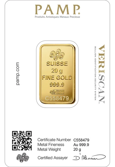20 gram Gold Bar - PAMP Fortuna (Carded) — reverse view