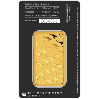 100 gram Gold Bar - Perth Mint (Carded) — reverse view
